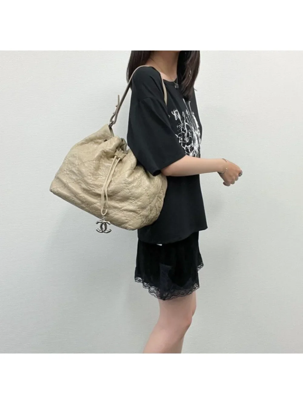 Chanel on the Road Quilted Bucket Shoulder Bag Leather Beige Silver Seal Vintage